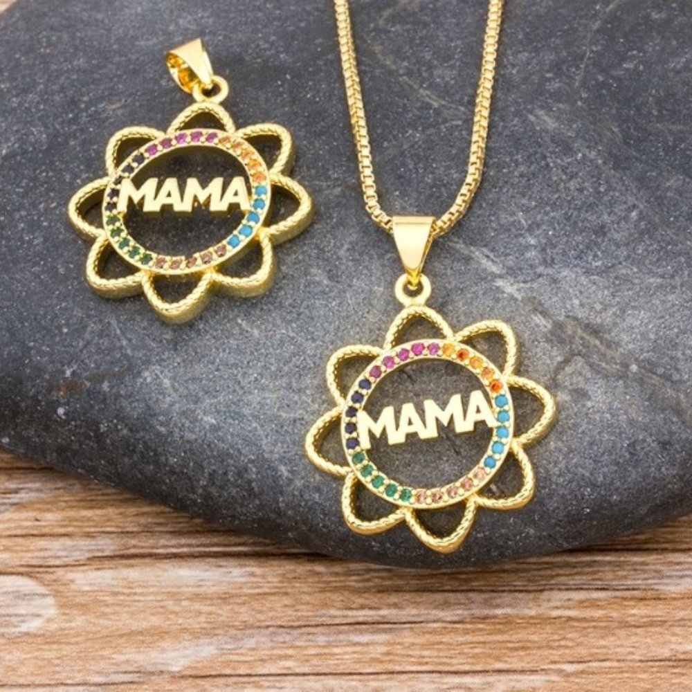 Mama Sunflower & Rainbow Crystals Necklace - Gold Plated Copper & Crystals - Picture 5 of 13
